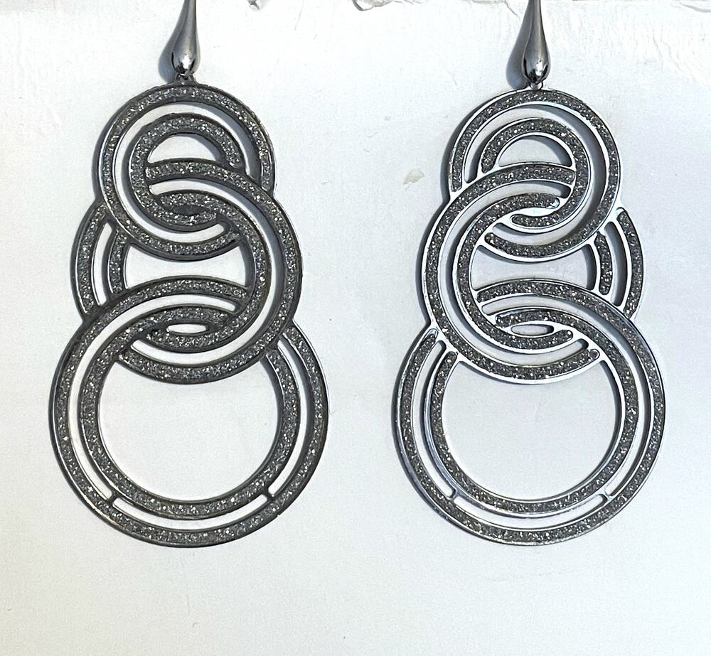 Sparkly Silver Earrings Interlocking Rings Dangle Drop Large Party Cocktail VTG